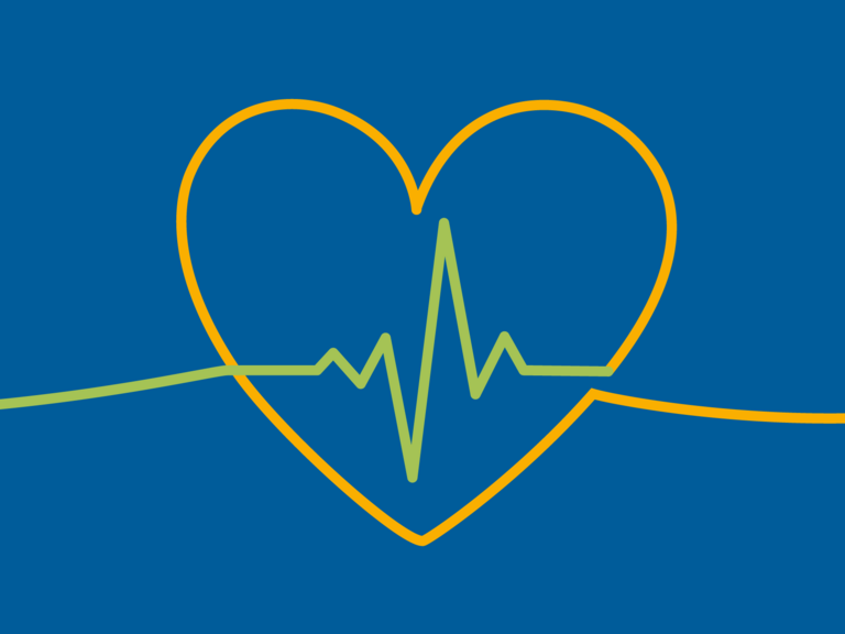 Orange-grüne Bändergrafik auf blauen Grund: Herz mit Herzschlag, Identität, Deutsches Diakonisches Herz- und Gefäßzentrum, Bernau, Hamburg