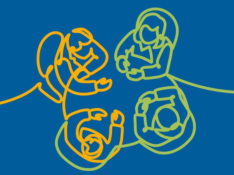 Orange-grüne Bändergrafik: Vier Personen sitzen am Tisch, Leitung, Deutsches Diakonisches Herz- und Gefäßzentrum, leitende Ärzte, Bernau, Hamburg